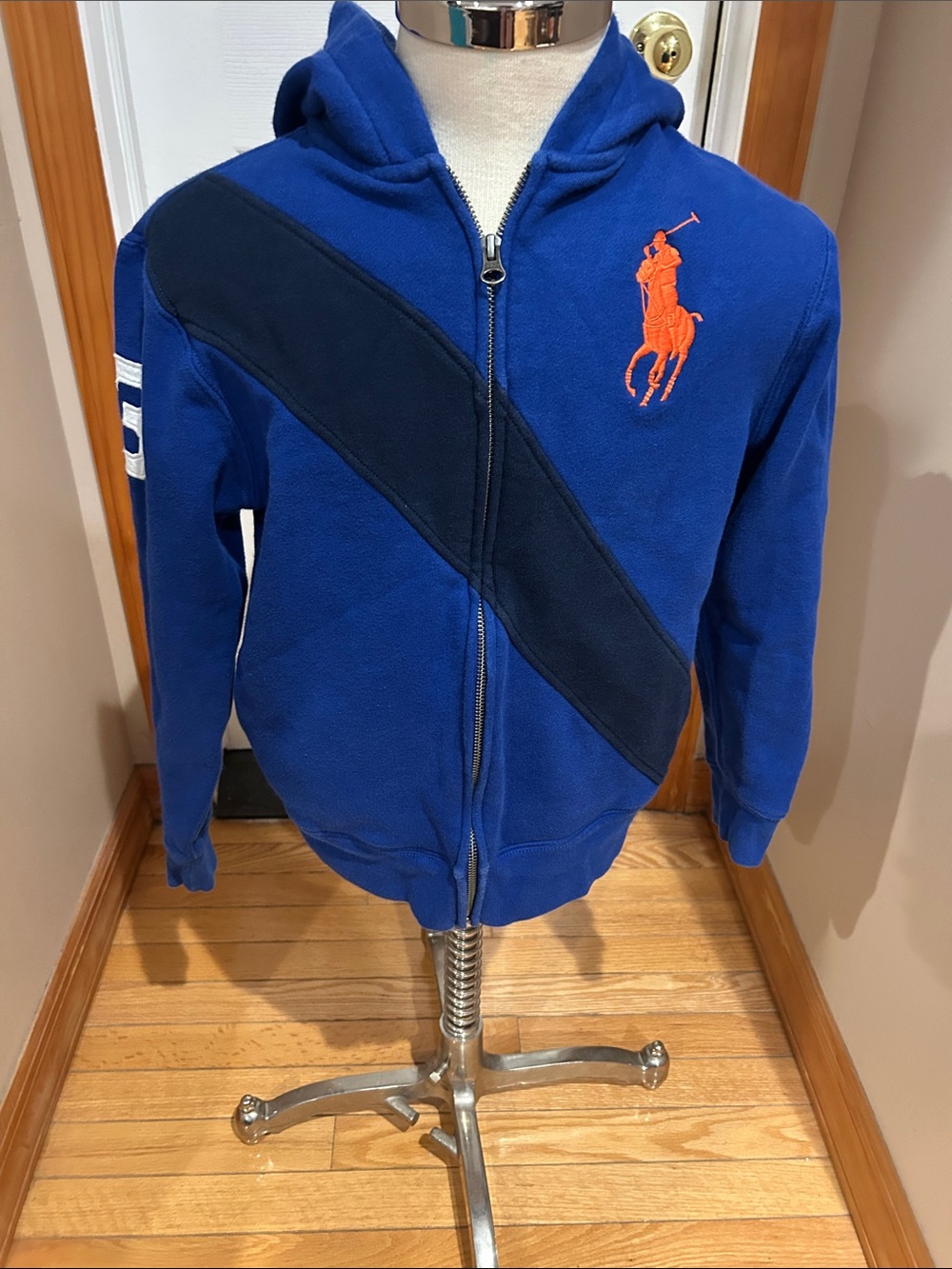 Ralph Lauren Royal Blue Hoodie with Navy Sash and Orange Pony